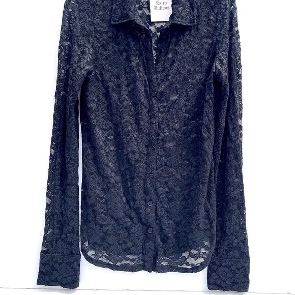 Women’s Moda International Sheer Black Lace Long Sleeve Button-Up Blouse Lg NWOT - Picture 2 of 8